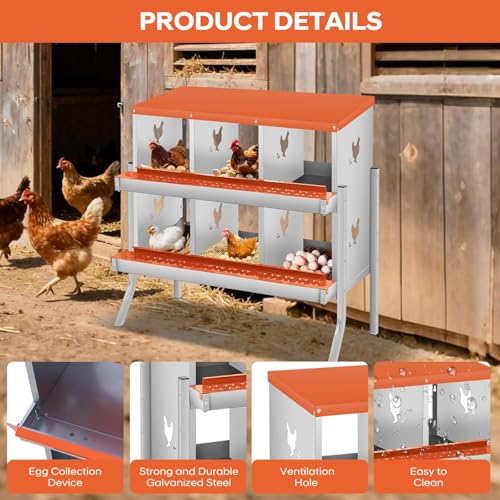 Garvee Chicken Nesting Box, 6 Compartments Nesting Box for Chickens, Galvanized Steel Chicken Laying Box for Easy Egg Collection, Wall Mounting - color: Orange | 6 Compartments+legs