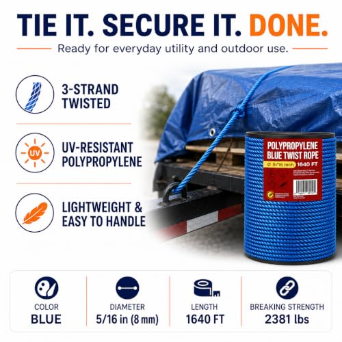 Heavy Duty PP/Polyester/Nylon Rope on Spool, Blue, 5/16inX1640FT | Weather-Resistant & Waterproof for Pool, Marine, Boating, Camping, Household, Towing, Construction & Rigging Applications - color: Blue, size: 5/16in X 1640FT