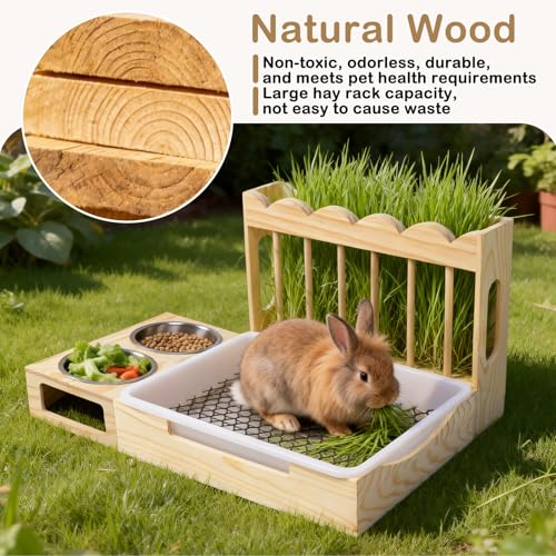 3-in-1 Wooden Rabbit Hay Feeder with Litter Box for Rabbits & Small Pets | Sturdy Wooden Hay Feeder Set for Guinea Pigs, Chinchillas, Hamsters, Ferret and Other Small Animal - size: 21.1"W