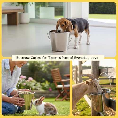 4 quart Heavy Duty Stainless Steel Round Bucket with Handle | 1 gal Durable Food & Water Bowl for Birds Dogs Cats Goat & Livestock | Fits kennel Crate Cage Farm | Hanging Utility Pet Pail - size: 4 Quarts