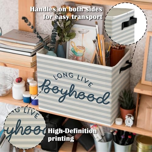 Long Live Boyhood Boys Storage Bins Box with Handles, Light Blue Striped Collapsible Basket Organizer for Kids Boy Nursery Room Bedroom Bathroom Playroom Books Clothes - color: Color12