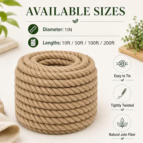 Twisted Manila Jute Rope (1 Inch x 100 Feet) Natural Thick Hemp Rope for Crafts, Nautical, Railings, Hammock, Decorating - size: 1 Inch x 100 Feet