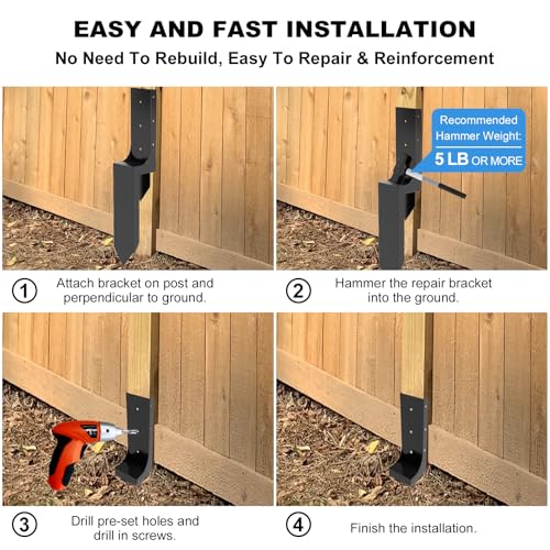 Thicker Fence Post Repair Kit-Heavy Duty Metal Steel 4''x4'' (Actual 3.58"x3.58") Fence Repair Stake-Anchor Ground Spike-Support Bracket Mender for Tilted Broken Wood-Powder-Coated Post Stabilizer