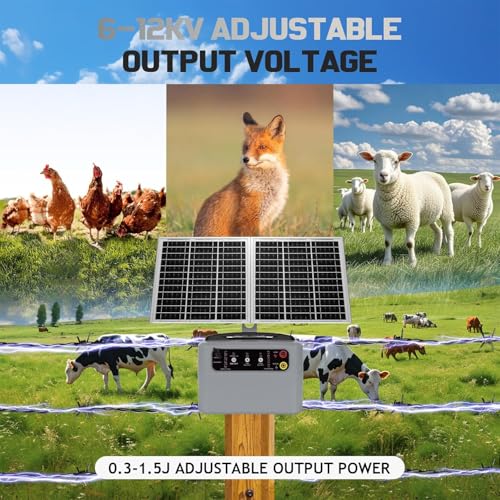 15W Solar Fence Charger, 6-12KV Adjustable Output 1.5J, 30 Miles | 24H Continuous Solar Powered Electric Fence Kit for Livestock, Predator Protection, Gardens, Orchards, Dogs, Pets, Poultry