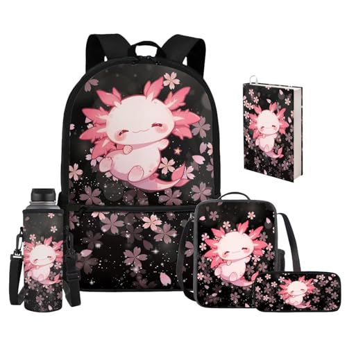 Upetstory Cherry Blossom School Bag Axolotl Backpack for Girls School Bag Set wth Lunch Box 6-8 8-10 10-12 Kids Pencilcase Water Bottle Sleeve Book Cover Elementary Kindergarten Preschool Bookbag - color: Cherry Blossom Axolotl