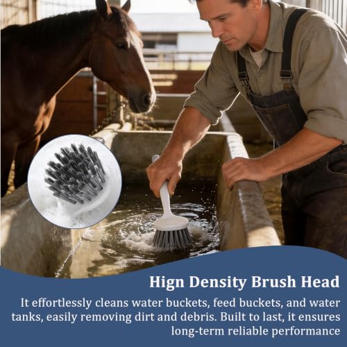 2 Pack 10.4" Horse Bucket Brush, Plastic Horse Bucket and Trough Scrubber with Gloves, Durable Utility Brushes with Non-Slip Handle for Livestock Farm Equine Water Buckets Feed Trough Cleaning