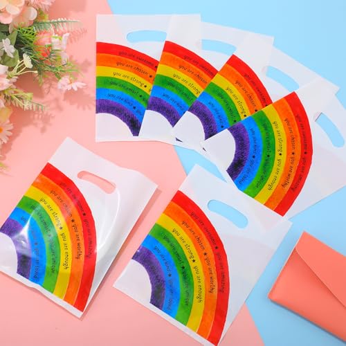 Coume 100 Pcs Back to School Gifts Bags Rainbow Inspiration Quotes Treat Bags with Handles Small Plastic Goodie Snack Bag for Students Teachers Kids Birthday Party Favors, 6" x 8" - style: Rainbow Style