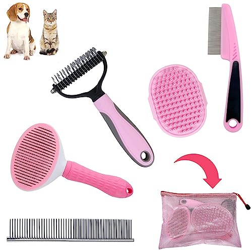 Dog Grooming Kit - Deshedding Brush for Short Hair, Slicker Brush, Flea Comb, Puppy Brush Set in Pink - color: Pink