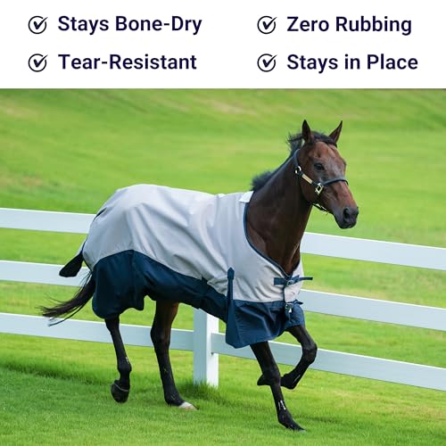 Horse Turnout Rain Sheet | 600 Denier Ripstop Turnout Blanket No Fill (0g) | Waterproof Lightweight Breathable | Tear-Resistant Outer & Rub-Free Silky Inner | Grey/Navy - 74 in - color: Grey/Navy, size: 74