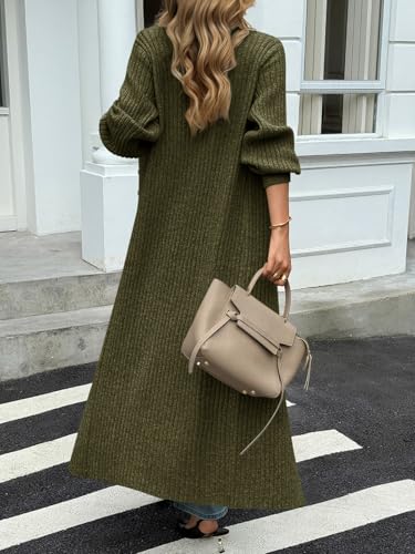 Saodimallsu Womens Long Duster Cardigans Button Down Maxi Sweater Dress | Casual V Neck,Lantern Long Sleeve,2026 Oversized Chunky Knit,Floor Length Coatigan,Cute Soft Cozy,Fall Winter Trendy Coat - color: Army Green, size: XX-Large