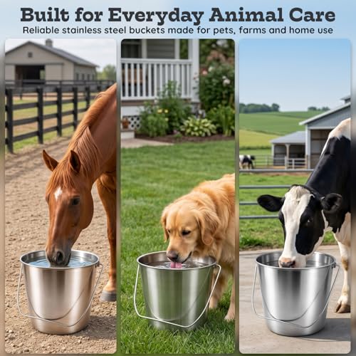 16 Quart Heavy Duty Stainless Steel Round Bucket with Arc-Shaped Handle, Metal Feed & Water Pail for Dogs, Horses, Livestock, Farm, Barn, Stable & Kennel - size: 16 Quart