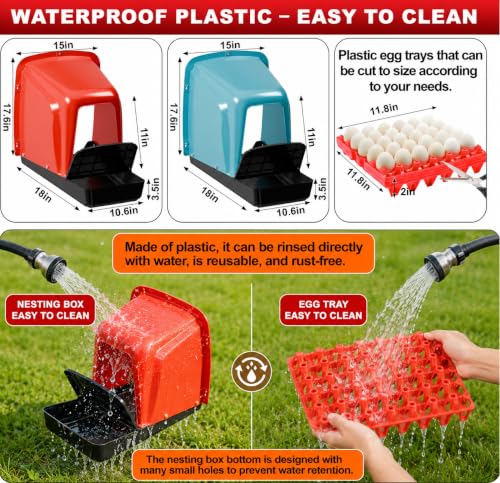 10 Pack Chicken Nesting Boxes with Roll Away Egg Collection, Plastic Chicken Laying Boxes with Covered Egg Catcher & Ventilated Egg Trays, Durable Nest Boxes for Backyard Chicken Coop & Farm, Red - color: Red