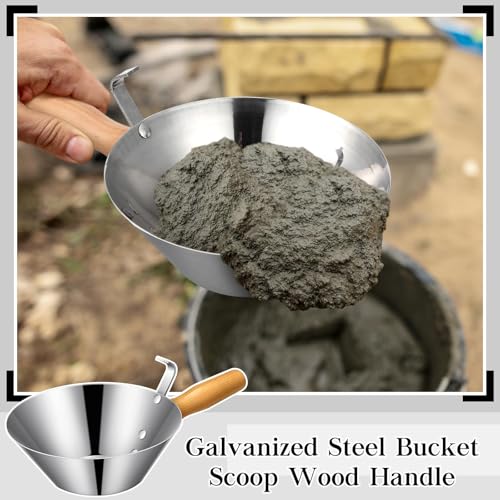 Galvanized Steel Bucket Scoop Wood Handle Strong Heavy Duty Rust Resistant Bucket Scoop for Construction Jobsite Landscaping Garden Stucco Tools for Outdoor Material Handling