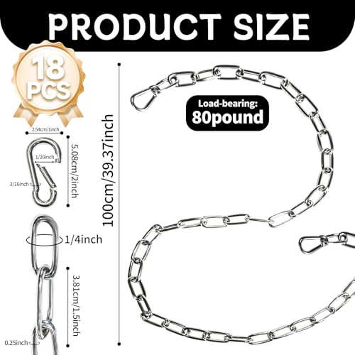 6 Pack 304 Stainless Steel Chain with 12 M4 Carabiners, 4mm x 1m (3.28ft) | Hanging Plants Bird Feeders, Porch Swings Gate and Fence, Durable Silver Chain for Indoor & Outdoor Use, 4MM Metal Chain Link - size: 1m-6pcs-4mm