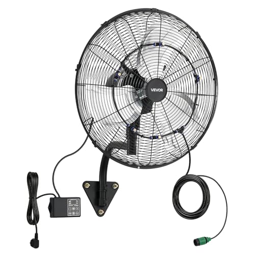 VEVOR Wall Mount Fan, 20 in Wall Mounted Hanging Fan with Oscillating & Mist, Remote, IP44-rated, 3-Speed, 18h Timer, Temperature Control, Powerful for Industry, Commercial, Garage, Workshop, Gym