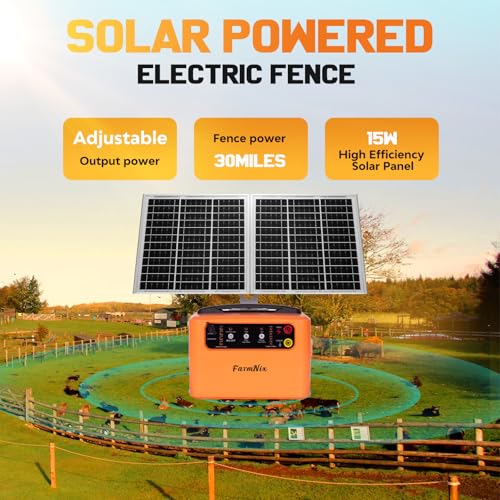 24H Solar Electric Fence Charger, 30 Miles Solar Fence Energizer | 6-12KV Adjustable Output, 1.5J Solar Charger, 15W Solar Powered Electric Fence Kit, for Farm, Livestock, Predator Protection
