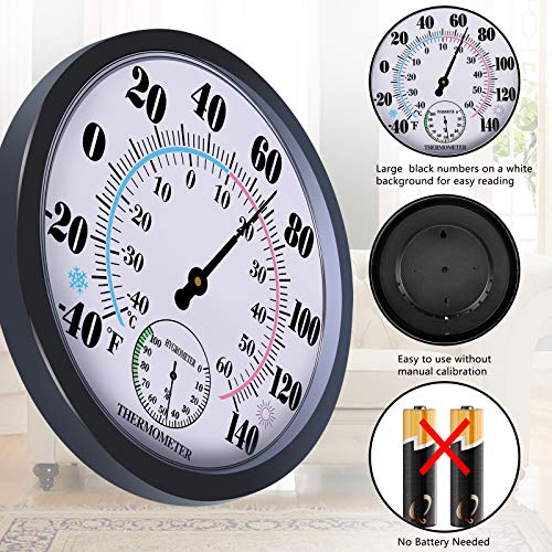 Outdoor Thermometers Hygrometer 10 Inch Outdoor Thermometer for Patio | No Battery Needed Large Outside Thermometer Wireless, OutsideThermometers Large Numbers, Wall Hygrometer - color: Black