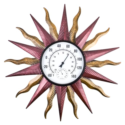 27“ Sun Outdoor Thermometer, Large Metal Thermometer Outdoor Waterproof, Decorative Outdoor Thermometers for Patio, Outside Thermometer with Humidity(Gold) - color: Golden Sun