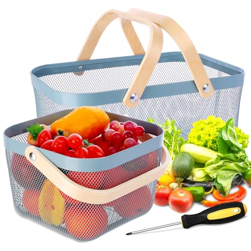 2 Pack Garden Harvest Basket, Metal Mesh Wire Picnic Basket with Handle | for Picnic, Vegetable Gathering, Fruit Picking, Kitchen Storage, Blue, Sturdy, Lightweight, Home Closet, Office, Gift. - color: Blue