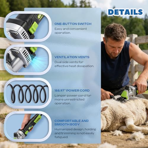 Sheep Shears Professional 850W 2400RPM with 4 Blades, Heavy-Duty | 6-Speed Adjustable, with 4 Blades: 13-Tooth Straight & Curved, 9-Tooth Straight & Curved, Ideal for Thick Coat Animals - size: with 4 Blades