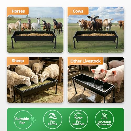 Livestock Feeder Water Trough 42" Long 11 Gallon with Adjustable | Stand for Feeding Farm Livestock Sheep Horses Chickens Pigs and Cattle Steel+Plastic Powder Coated