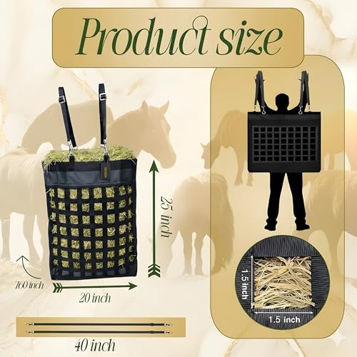 Slow Feed Hay Bag for Horses, Heavy Duty Nylon Hay Feeder with Adjustable Straps & Zinc Alloy Metal Hooks, Durable Mesh Design for Horse, Goat, Sheep & Cattle, 20 x 25 Inch