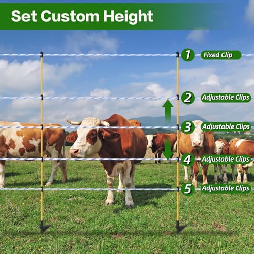 24Pcs 48in Fiberglass Step-in Electric Fence Posts | Clips height adjustable for poly tape/rope. No-tool step-in. Fiberglass core bends back