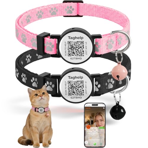 Peace of Mind Cat Collar 2-Pack: QR Code Tag with Permanent Online ID + Breakaway Reflective Collar, Scan for Immediate Contact if Lost (Pink & Black) - color: Paw pattern - Pink & Black