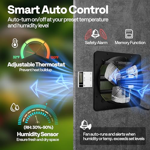 VIVOHOME 14" Shutter Exhaust Fan with EC Motor | 1700 CFM with Thermostat, Variable Speed, Timer, Wall-Mounted for Attic, Garage, Greenhouse, Chicken Coop, Barn Ventilation - size: 14"