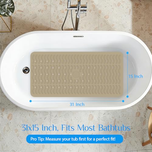 Non Slip Bathtub Mat & Shower Mat, 31x15'' Anti Slip Bath Mat for Tub, Soft TPE Anti-Skid Bathroom Mat with 194 Suction Cups & Drain Holes, Wave-Textured Grip, Machine Washable,Brown - color: Brown