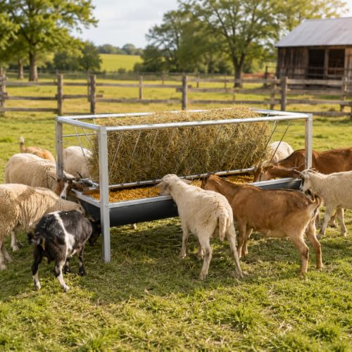 98 Gallon Livestock Feeder, Hay Feeder for Goats Sheep Calves and Horses | Anti-waste stainless steel goat feeder with rubber trough supports hay and feed access for goats, sheep, calves and horses.