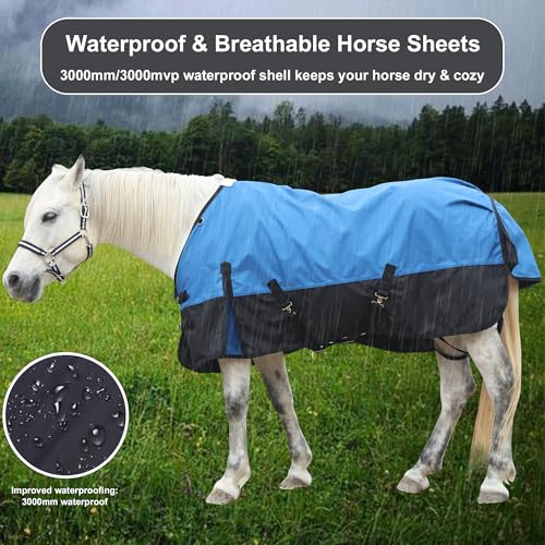 1200D Horse Blanket, 0g No-Fill Waterproof Turnout Rain Sheet | 1200D Ripstop Outer, Waterproof Breathable Shell, Anti-Rub Lining, 0g No-Fill, Keep Dry in Mud & Wet Weather, Large Tail Flap - color: Blue Black, size: 69"