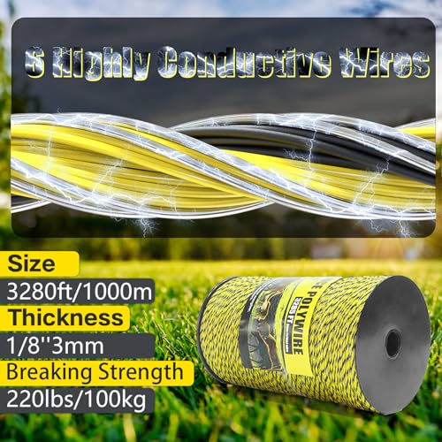 Upgrade Electric Fence Polywire 3285FT,1000 Meters, 6 Stainless Steel Strands for Reliable Conductivity, Portable Electric Fencing, UV Resistant, Rust Resistant, Highly conductive, Easy to Install - size: 3285 Feet