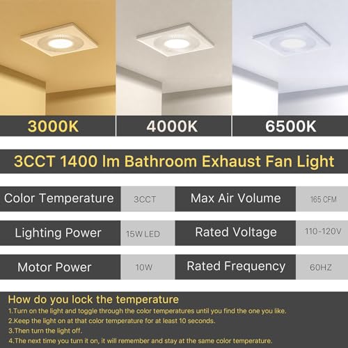 Bathroom Exhaust Fan with Light 165CFM Quiet 1.2 Sones | Ventilation Fan with 3CCT 1400lm LED Light Ceiling Cutout 9.84"x9.84" including Expandable Kit for Bathroom Laundry - color: 4000k Frosted White