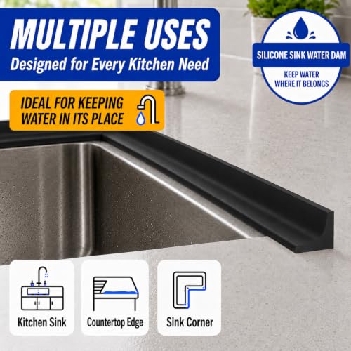 Kitchen Sink Splash Guard and Bathtub Water Barrier, 39 in, Black | Flexible self-adhesive water dam, splash guard for bathtub, cooktop and shower threshold, trims to fit smooth surfaces - color: Black, style: 39Inch