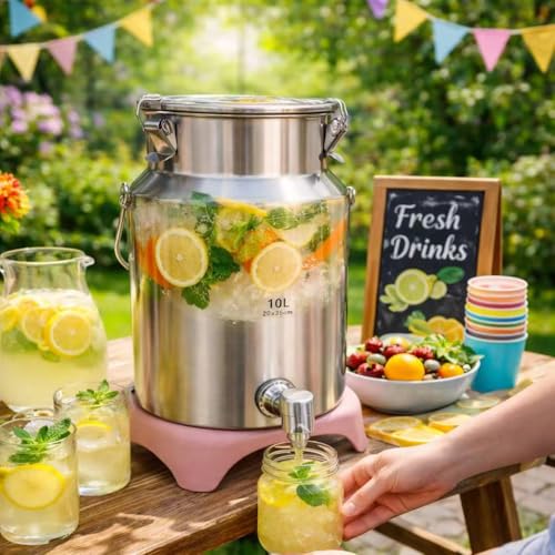 304 Stainless Steel Milk Can with Spigot, 2.6 Gallon Metal Water Dispenser, 10L Steel Water Tank & Stainless Steel Beverage Dispenser, Heavy Duty Drink Dispensers for Milk, Wine, Oil - size: 2.6 Gallon