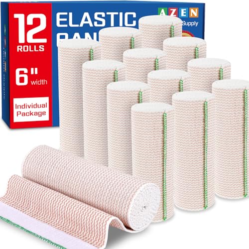 AZEN Premium 12 Pack Elastic Bandage Wrap 6 Inch, Compression Wrap Bandage for Legs, Ankle, Knee, Tummy, Body, Latex-Free, Lymphedema Wraps for Legs - color: B-12p(6in)