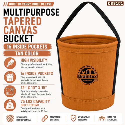 Graintex Canvas Utility Bucket 12"x10"x15". Tapered Tool Bucket, Reinforced Base & Carry Handle, Ripstop Canvas, Multi-Purpose Bag for Jobsite, Gardening, Home Use - Tan - color: Tan