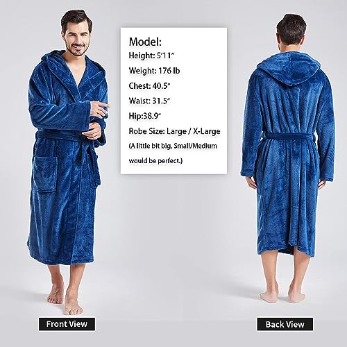 FashGudim Mens Hooded Robe Plush Shawl Collar Kimono Bathrobe Soft Warm Flannel Fleece Spa Robes House Coat Pajamas - color: Navy, size: Large-X-Large