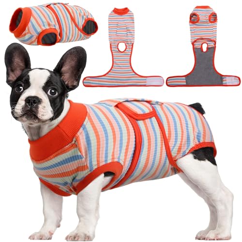 Kuoser Recovery Suit for Dogs Cats, Soft Dog Surgery Suit Female Male Spay | Professional Dog Onesie for Surgery, Substitute E-Collar & Cone, Prevent Licking Dog surgical suit Pet Neuter Suit - color: Colorful Stripes, size: X-small (Back:8.3-11.4'', Weig