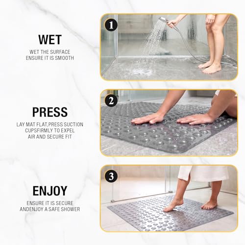 HITSLAM Square Shower Mat 27x27 Inch, Extra Large Non Slip Shower Mats for Inside Shower Stall, Anti Slip Bath Floor Mat with Strong Suction Cups & Drain Holes, Machine Washable, Grey - color: Grey