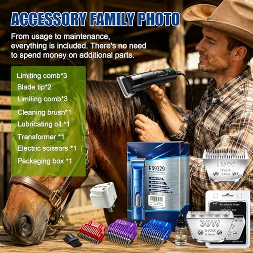 Professional Horse Clippers with Detachable Wide Blade | Low Noise, Heavy Duty, Grooming Kit for Thick Coat Long Hair, For Livestock Dogs Cats