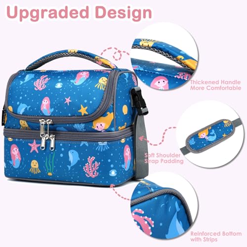 FlowFly Double Decker Cooler Insulated Lunch Bag Large Tote for Boys, Girls, Men, Women, With Adjustable Strap (Blue-Mermaid) - color: Blue-Mermaid