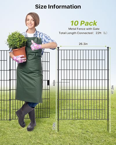 Garden Fence Animal Barrier with Gate 40in(H) x23ft(L) | 10Panels Heavy Duty Metal Wire No Dig Decor Fencing,Tall Outdoor Dog Safety Fences with Stake,Temporary Edging for Yard
