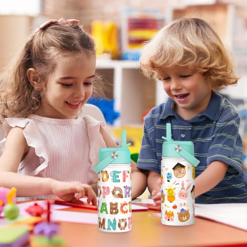 SANDJEST Alphabet Kids Water Bottle with Straw Lid 12oz Insulated Stainless Steel, Travel Tumbler, Animal Gifts for Boys Girls, Birthday, Christmas, Back to School - color: Animal 1