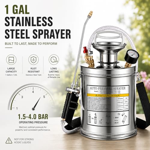 1Gal Stainless Steel Pump Up Sprayer Reinforced Hose, Hand Pump Sprayer with Pressure Gauge&Safety Valve, Adjustable Nozzle Suitable for Gardening (1 Gallon) - style: 1 Gal