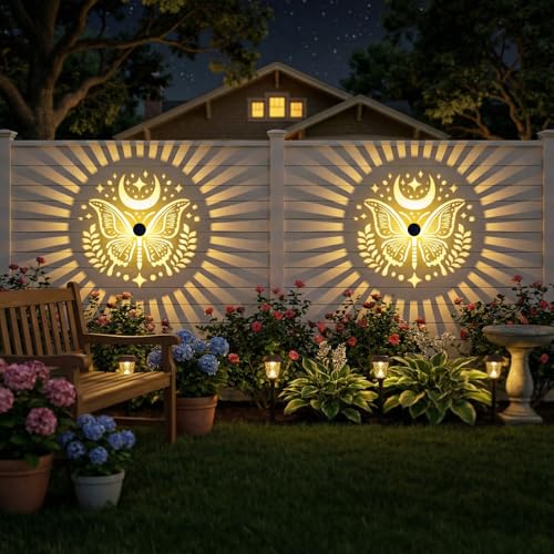 Gardsee Solar Fence Lights Outdoor 2 Pack Deck Step Wall Lights Butterfly Metal Waterproof LED Warm Yellow Light for Garden Post Patio Backyard Yard Decor (Black 1) - style: black 1