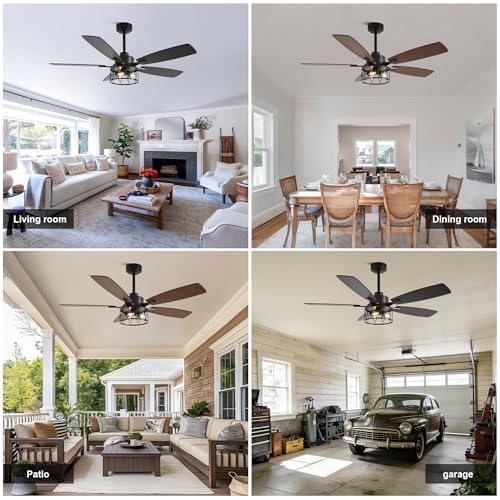 52" Farmhouse Ceiling Fan with Lights Remote Rustic Ceiling Fan | Caged Black Fandelier Industrial Chandelier Light for Bedroom Living Room, Reversible 6 Speeds, 3 E12 Bulbs (Not Included) - color: Black, size: 52 Inch