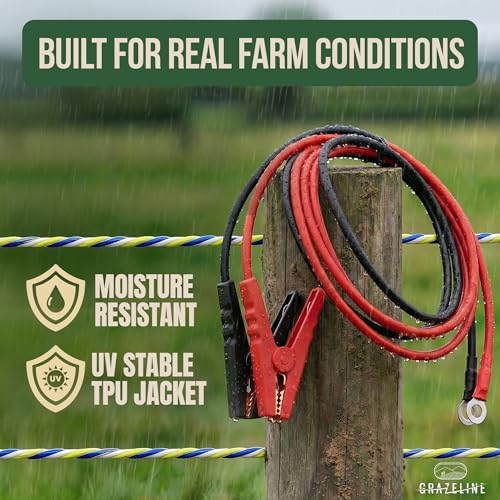Electric Fence Jumper Leads with Alligator Clips, 6.6ft, 10,000V - 1 Set | Tinned Copper Wire Connectors with Premium TPU Insulated Cables for Fence Energizer and Solar Charger - size: 1 Set (Red + Black Leads)