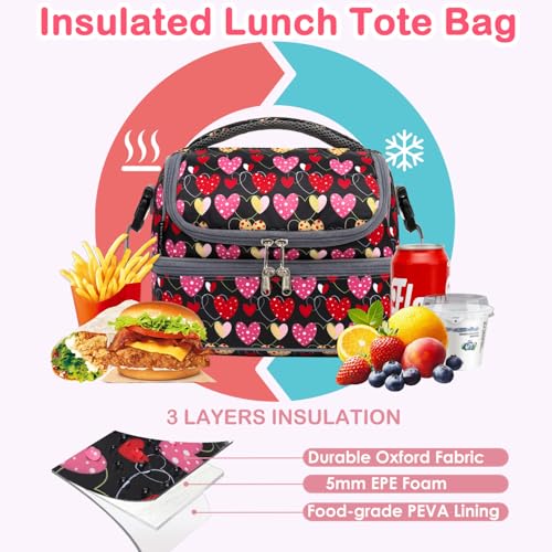 FlowFly Double Decker Cooler Insulated Lunch Bag Large Tote for Boys, Girls, Men, Women, With Adjustable Strap,Heart - color: Heart